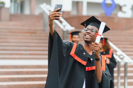 Smiling young man in graduation gown and cap taking a selfie with his diploma, celebrating academic successの写真素材