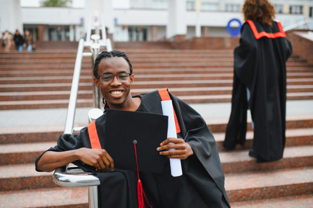 Young african american man celebrating academic achievement, holding his graduation diploma and cap on university stairsの写真素材