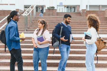 Diverse group of young students engaging in conversation on college steps, holding books and backpacks, representing education and friendshipの写真素材