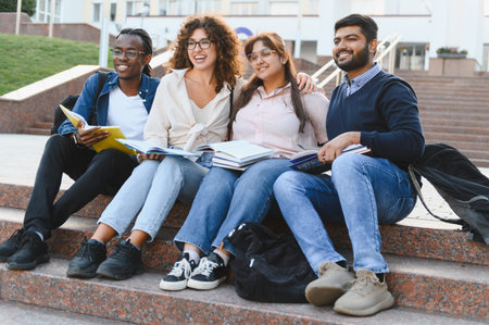 Group of happy multiracial university students sitting on outdoor steps, holding books and enjoying their diverse friendshipの写真素材