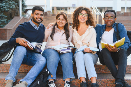 Diverse group of happy university students studying together, sitting on campus stairs, embracing education and friendshipの写真素材