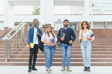 Group of diverse smiling young adult students holding books and backpacks, standing outdoors on university campus stairsの写真素材
