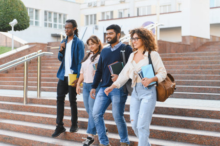 Group of diverse university students walking downstairs together, carrying books and bags, representing education and friendshipの写真素材