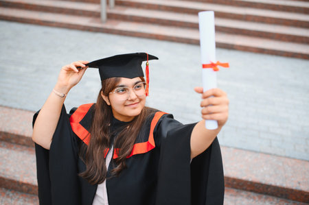 Indian woman student in academic gown holding her diploma and cap, celebrating completing her university degreeの写真素材