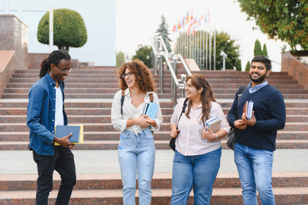 Diverse group of male and female students smiling and carrying books, walking on university campus stairsの写真素材