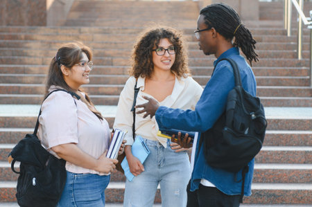 Diverse students standing on campus stairs, carrying books and backpacks, engaging in an animated discussion about educationの写真素材