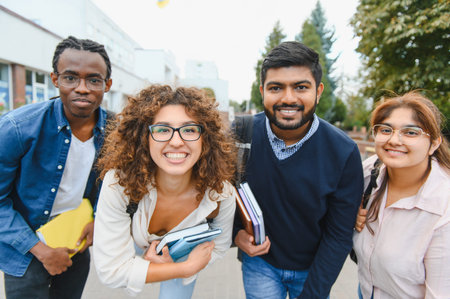 Group of four diverse young students walking together on a university campus, smiling at the camera. Representing education and friendshipの写真素材