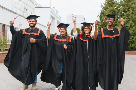 Group of diverse graduates in academic gowns and caps holding diplomas, celebrating educational achievement at university campusの写真素材
