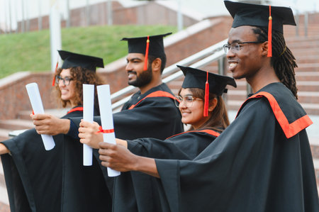 Diverse group of smiling university graduates wearing caps and gowns, standing together and holding diplomas, symbolizing academic successの写真素材