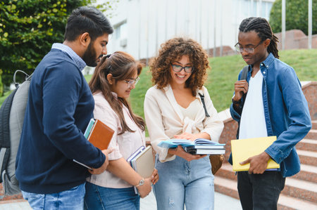 Group of multicultural students collaborating and sharing knowledge on university campus, fostering education and friendshipの写真素材