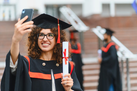 Graduate woman in cap and gown holding diploma, celebrating academic achievement and success outdoorsの写真素材
