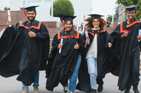 Graduates in caps and gowns smiling, celebrating receiving their diplomas outside a university building, representing education and future career prospectsの写真素材