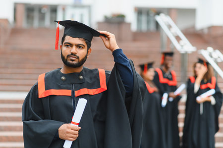 Young Indian graduate holding a diploma scroll, wearing a cap and gown with other students at a university campusの写真素材