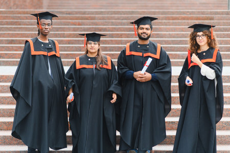 Group of multi ethnic graduates standing on steps, proudly holding diplomas after completing their higher educationの写真素材