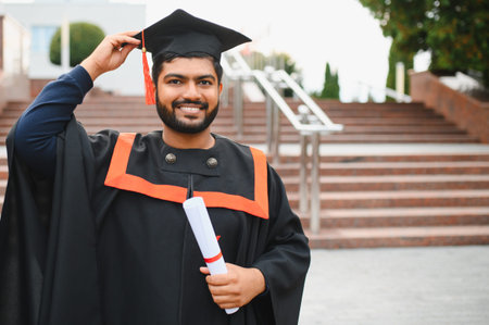 Indian university graduate celebrating academic success after receiving diploma during graduation dayの写真素材