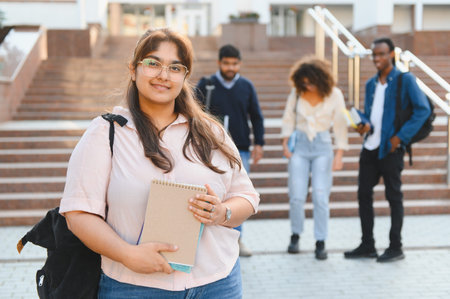 Young Indian woman smiling and holding notebooks and backpack, standing on a university campus with diverse studentsの写真素材