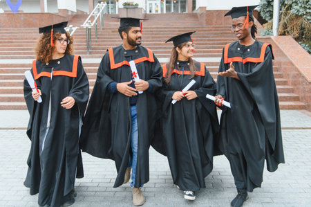 Diverse students wearing caps and gowns, holding diplomas, walking and celebrating their graduation and academic achievementの写真素材