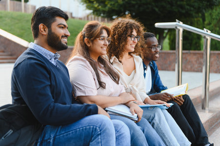 Diverse students learning and studying together on university campus stairs, representing education, friendship, and youthの写真素材