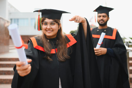 Two smiling Indian university graduates in cap and gown holding diplomas, feeling proud of their educational successの写真素材