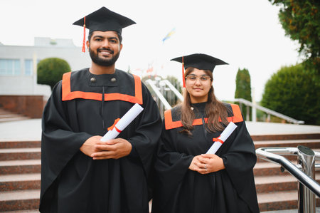 Indian university students standing outdoors in graduation caps and gowns, holding diplomas and celebrating academic achievementの写真素材