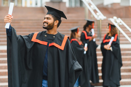 Indian male student in graduation gown holding a diploma, smiling confidently. Graduates stand on university stepsの写真素材