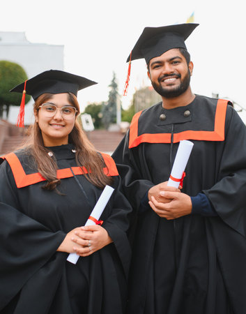 Indian students posing after earning diplomas, wearing academic gowns and caps, symbolizing success and higher educationの写真素材