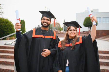 Indian graduate students standing outdoors, celebrating graduation day holding diplomas, wearing academic gowns and capsの写真素材