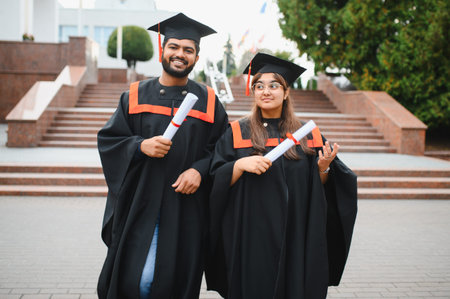 Indian male and female university graduates proudly holding diplomas, celebrating their graduation in front of a campus buildingの写真素材
