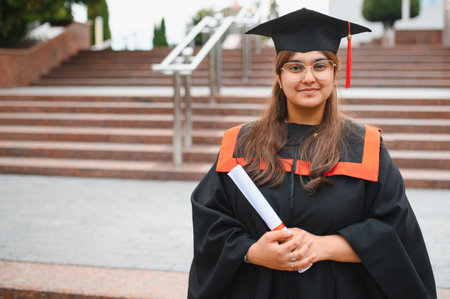 Indian graduate woman wearing a cap and gown, holding a rolled diploma, celebrating academic achievement and future successの写真素材