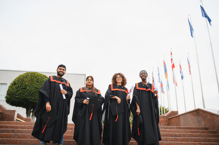 Group of happy international graduates in cap and gown showing diplomas and smiling in front of flying flagsの写真素材