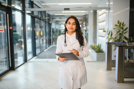 Indian female doctor in white coat standing in modern hospital corridor, holding clipboard and pen, focused and professionalの写真素材