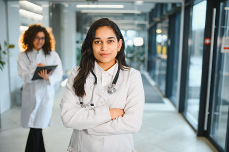 Young female doctor with a stethoscope and crossed arms smiling, collaborating with a colleague in a modern hospital settingの写真素材