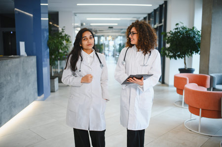Two young female doctors wearing white coats and stethoscopes walking and talking in a modern hospital or clinic corridorの写真素材