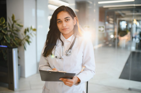 Young Indian female doctor standing in a modern clinic or hospital, wearing a lab coat and holding a clipboardの写真素材