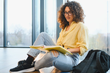 Young woman with curly hair and glasses sitting on the floor, reading a book. Concept of education and learningの写真素材