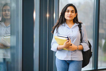 Young Indian female student walking through a modern university campus building, holding textbooks and carrying a backpackの写真素材