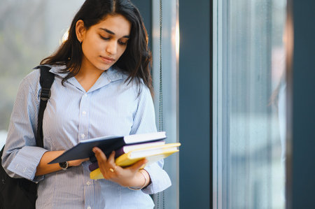 Indian female student holding a stack of books, preparing for studies and education on university campusの写真素材