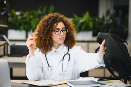 Young female medical student wearing lab coat and stethoscope, organizing backpack at desk while studying, focusing on educationの写真素材