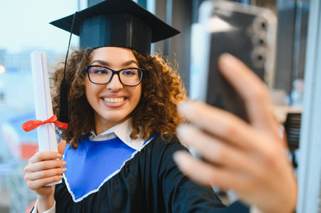Young woman student celebrating academic achievement, smiling and taking a selfie with her diploma or degree certificateの写真素材