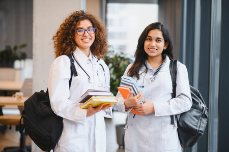 Two young women medical students smiling, wearing lab coats and stethoscopes, holding textbooks while walking in a university hallwayの写真素材