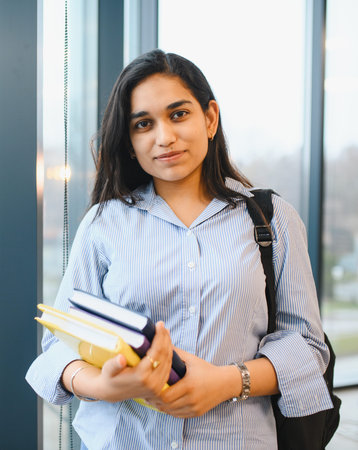 Indian female student standing indoors, holding textbooks, wearing a backpack, and preparing for education or learningの写真素材