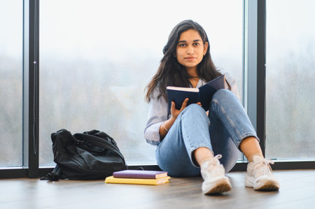 Young Indian student sitting on wooden floor reading book, with backpack and books nearby, in natural lightの写真素材