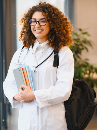 Female medical student standing, wearing white lab coat and stethoscope, holding books and a backpack. Studying healthcareの写真素材