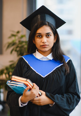 Young Indian woman wearing graduation cap and gown, holding study books, representing education achievement and futureの写真素材