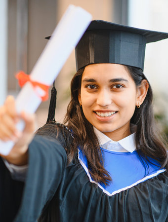 Young Indian woman celebrating academic success, smiling and holding her diploma, wearing graduation cap and gownの写真素材