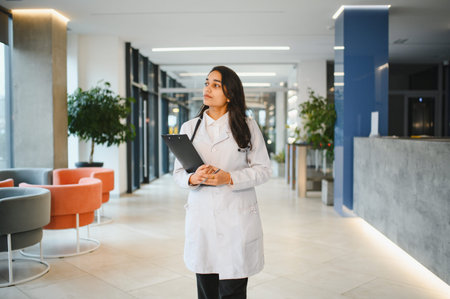 Indian doctor in white coat holding clipboard, walking in modern hospital corridor, representing healthcare and medical professionalismの写真素材