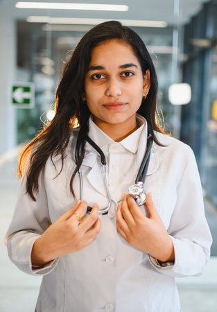 Young Indian female doctor preparing to work in a clinic or hospital, providing healthcare, medicine, and medical servicesの写真素材