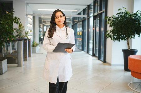 Young Indian doctor wearing a white coat and stethoscope, holding a clipboard, standing in a bright clinic hallwayの写真素材