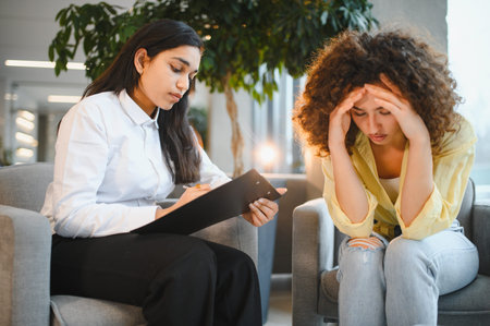 Indian female psychologist sitting with a distressed patient, providing therapy and support for mental well being in an office settingの写真素材