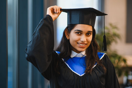 Indian student wearing a graduation cap and gown, smiling at the camera. Representing academic achievement, success, and future opportunitiesの写真素材